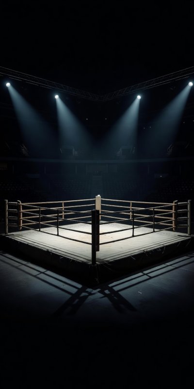 A monumental empty professional boxing ring illuminated by overhead spotlights inside a dark arena