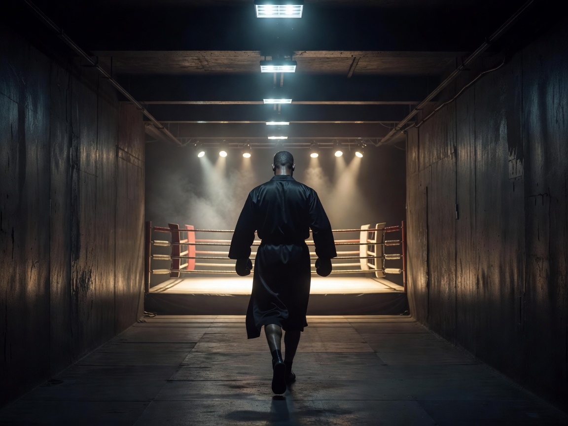 A cinematic professional boxing walkout tunnel leading toward an illuminated boxing ring