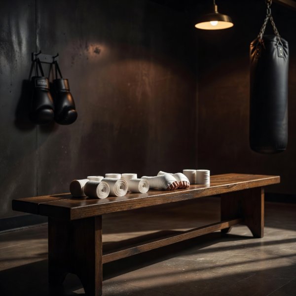 A premium professional boxing preparation room with hand wraps on a wooden bench